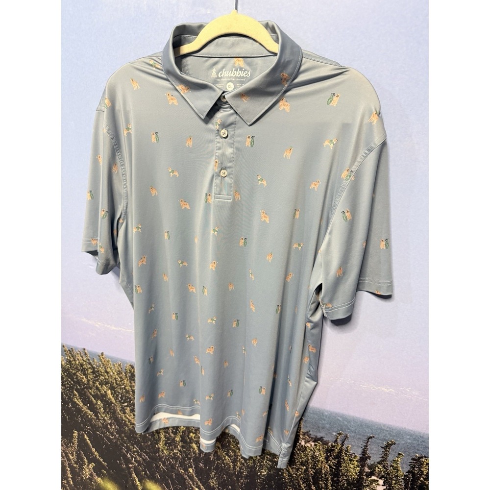 CHUBBIES Mens Performance Polo‎ XL Light Blue Barkin' Up The Wrong Tree Print